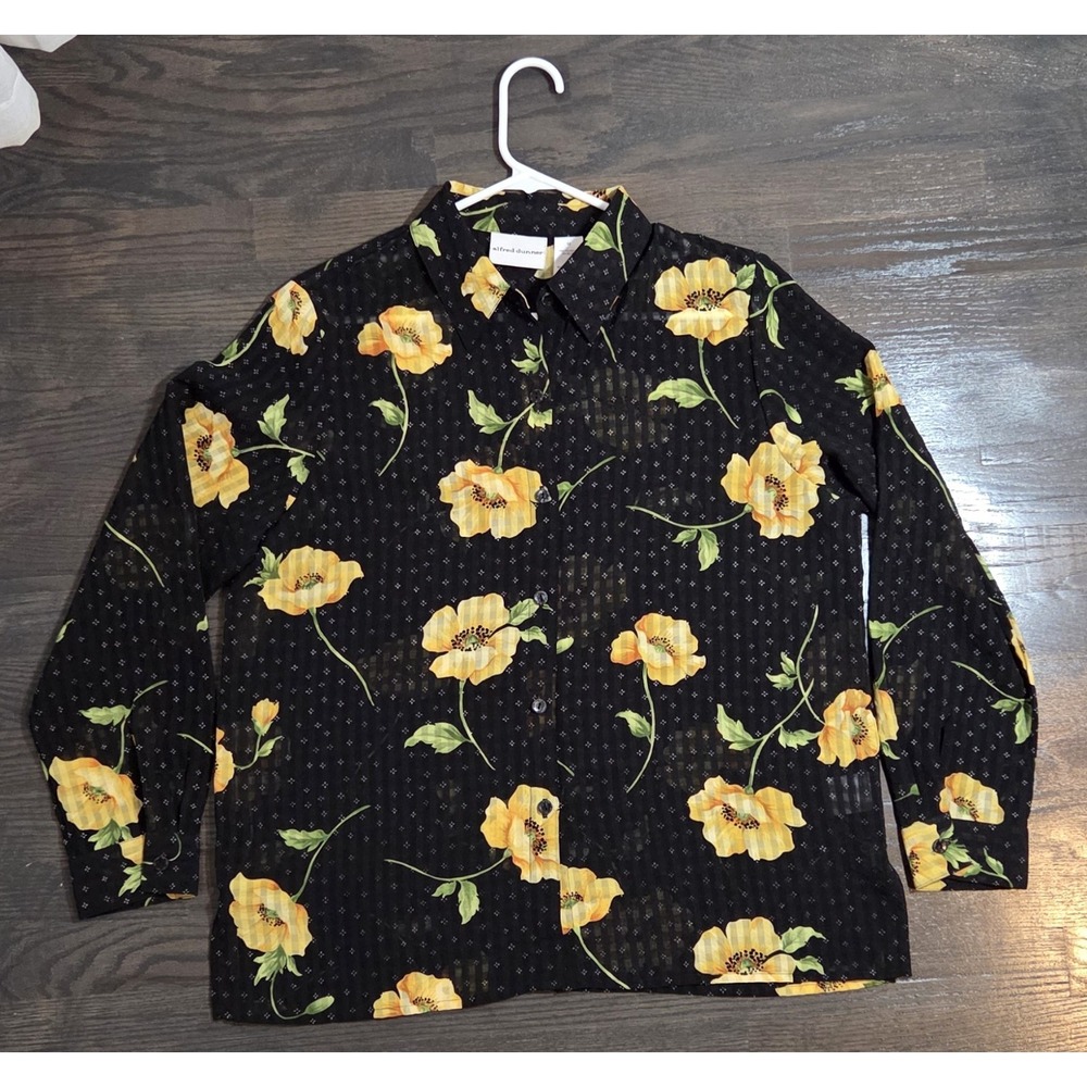 Alfred Dunner Button Down Blouse Black size 12 Yellow Floral Career Sheer